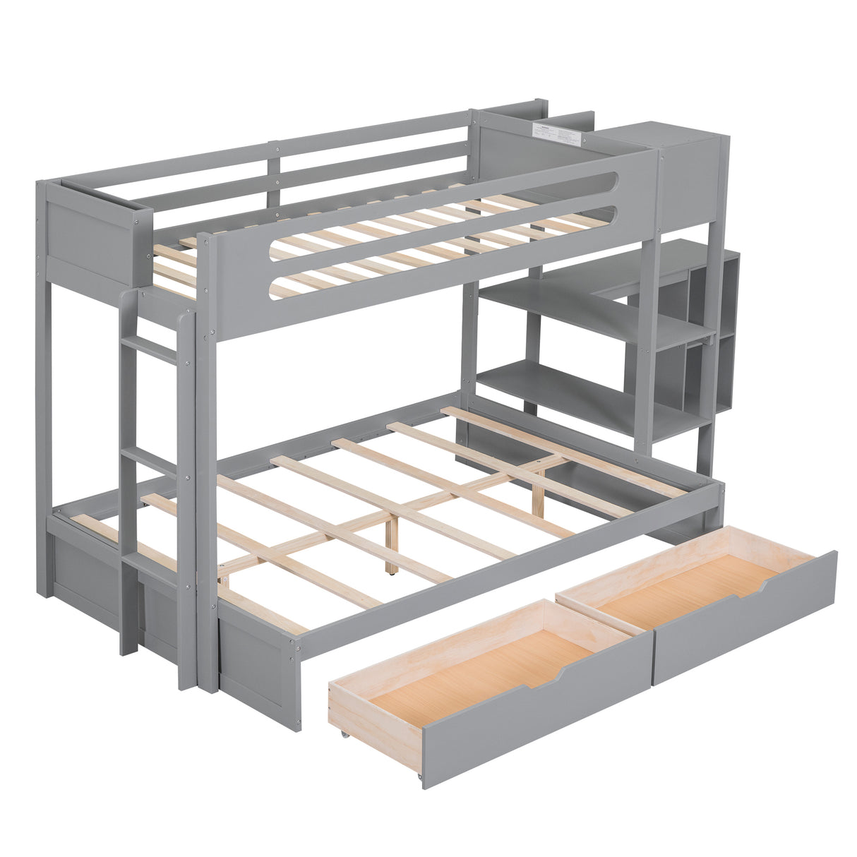 Wood Twin over Full Bunk Bed with Drawers, Shelves, Cabinets, L-shaped Desk and Magazine Holder, Gray - Home Elegance USA