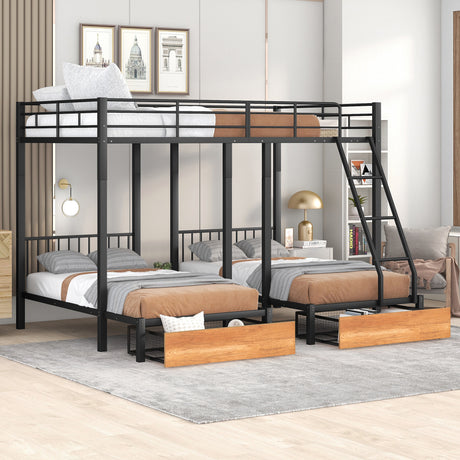 Full Over Twin & Twin Bunk Bed, Metal Triple Bunk Bed with Drawers and Guardrails, Black - Home Elegance USA