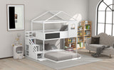 Twin over Full House Bunk Bed with Storage Staircase and Blackboard,White - Home Elegance USA