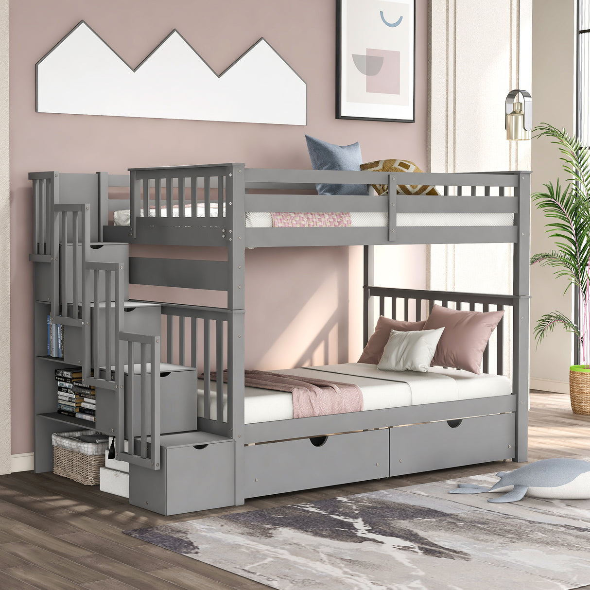 Full Over Full Bunk Bed with Shelves and 6 Storage Drawers, Gray(Old SKU：LP000046AAE) - Home Elegance USA