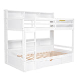 Twin Size Bunk Bed with Built-in Shelves Beside both Upper and Down Bed and Storage Drawer,White - Home Elegance USA