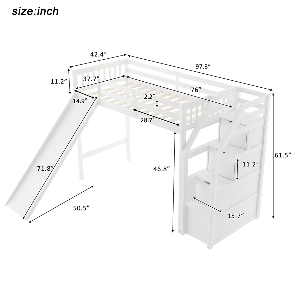 Twin Size Loft Bed with Storage and Slide, White - Home Elegance USA