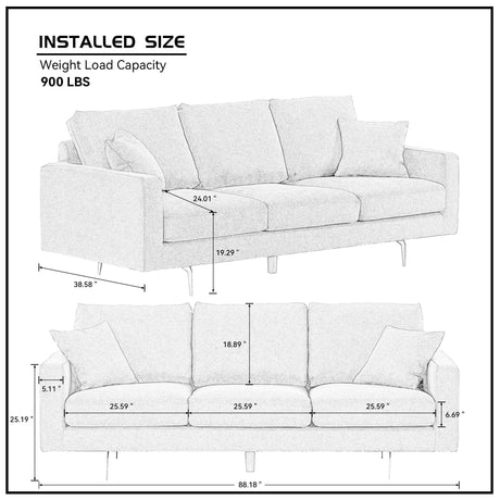 Modern Three Seat Sofa Couch with 2 Pillows, Light Grey Perfect for Every Occasion Home Elegance USA