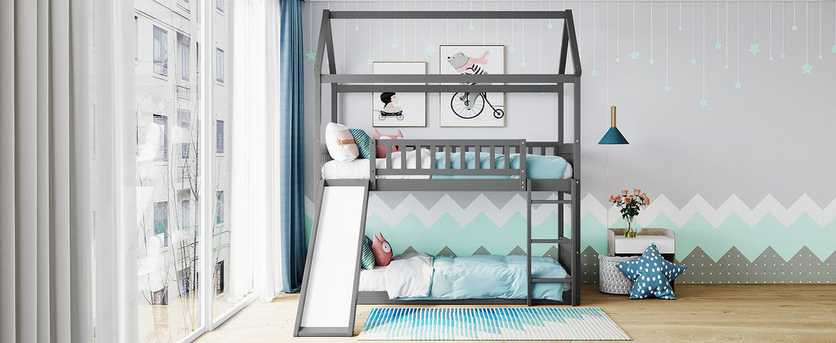 Twin Over Twin Bunk Bed with Slide, House Bed with Slide, Gray(OLD SKU: LT000213AAE - Home Elegance USA