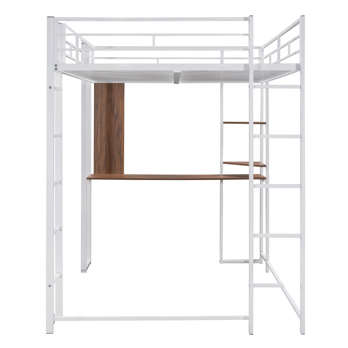 Full Size Metal Loft Bed with 2 Shelves and one Desk ,White (Old SKU: LP000191AAK )