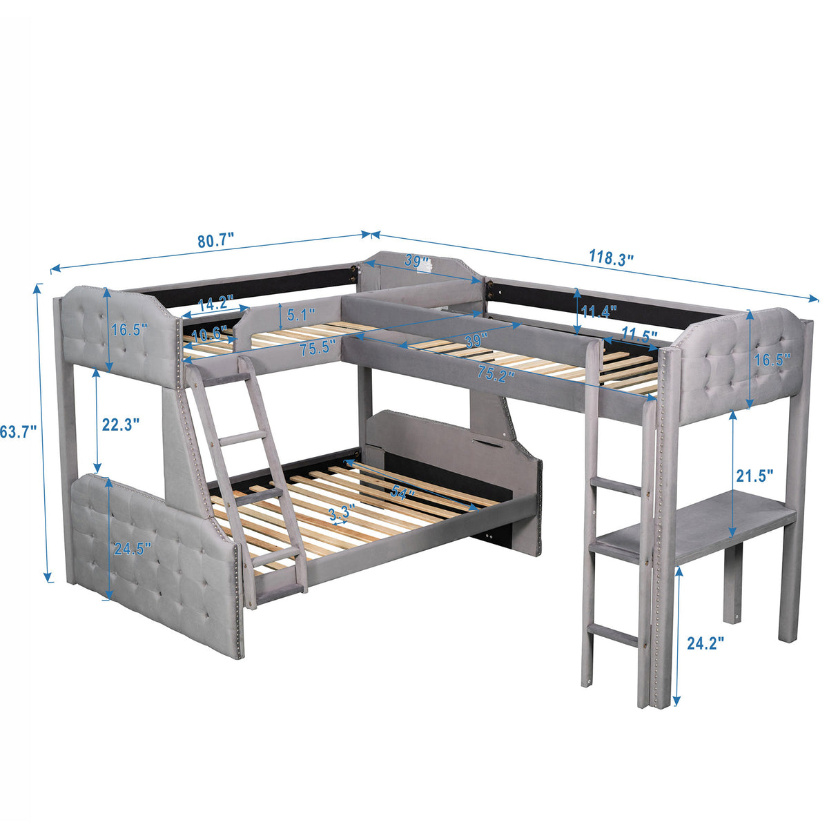 L-Shaped Twin over Full Bunk Bed and Twin Size Loft Bed with Desk,Grey - Home Elegance USA