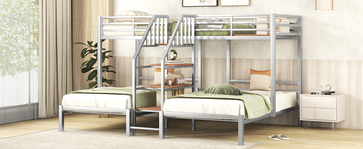 Metal Twin over Twin & Twin Bunk Bed, Triple Bunk Bed with Storage Shelves Staircase, Silver - Home Elegance USA