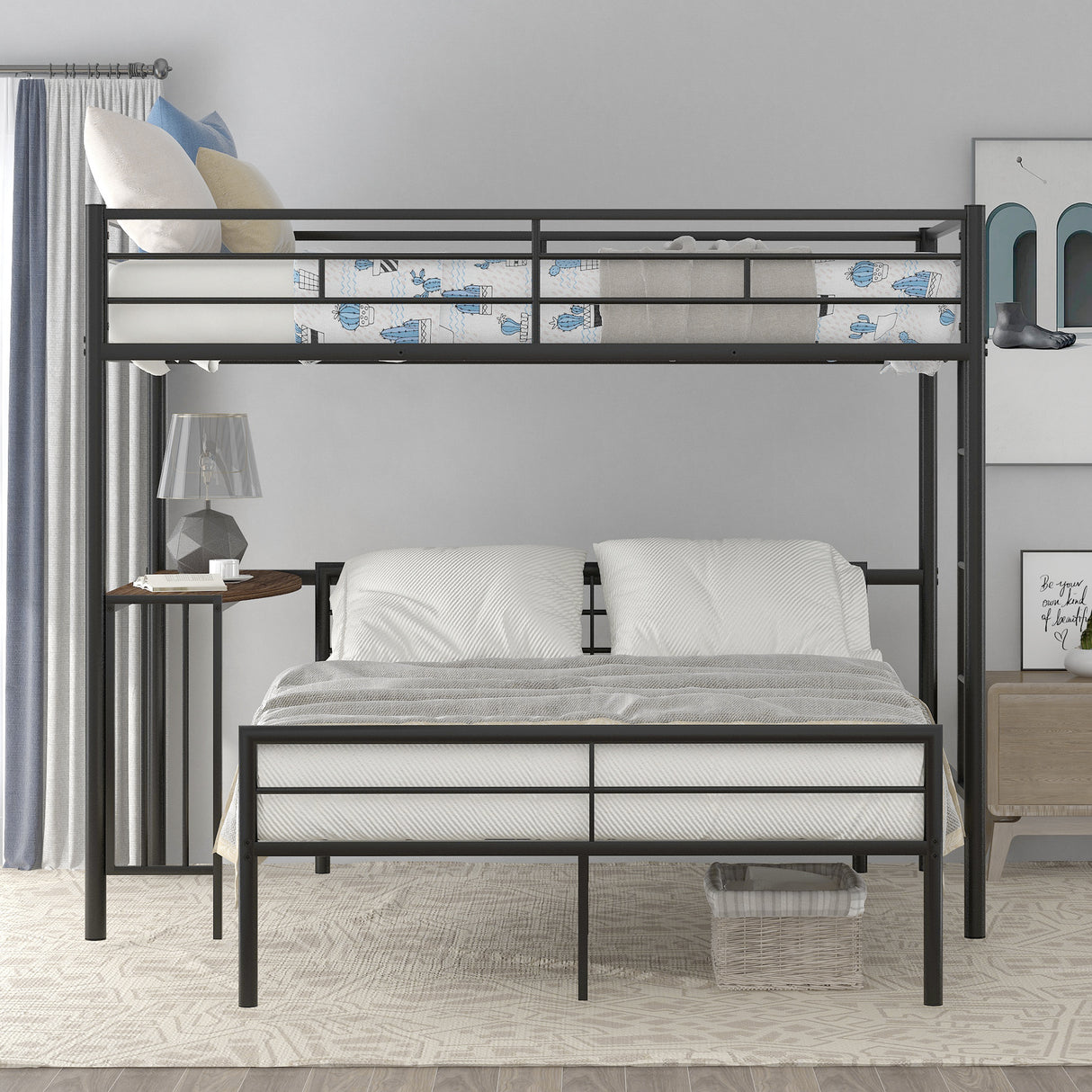 Twin Over Full Metal Bunk Bed with Desk, Ladder and Quality Slats for Bedroom, Metallic Black（OLD SKU :LP000092AAB） - Home Elegance USA