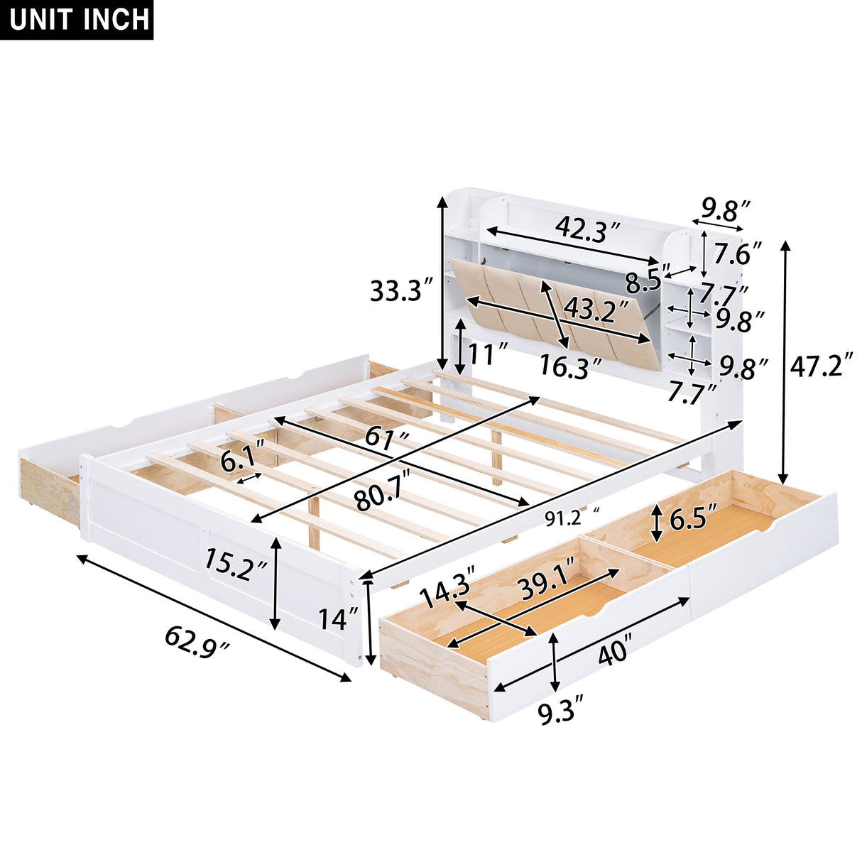 Wood Queen Size Platform Bed with Storage Headboard, Shelves and 4 Drawers, White