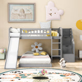 Stairway Twin over Twin Bunk Bed with Two Drawers and Slide, Gray(OLD SKU :LP000156AAE) - Home Elegance USA