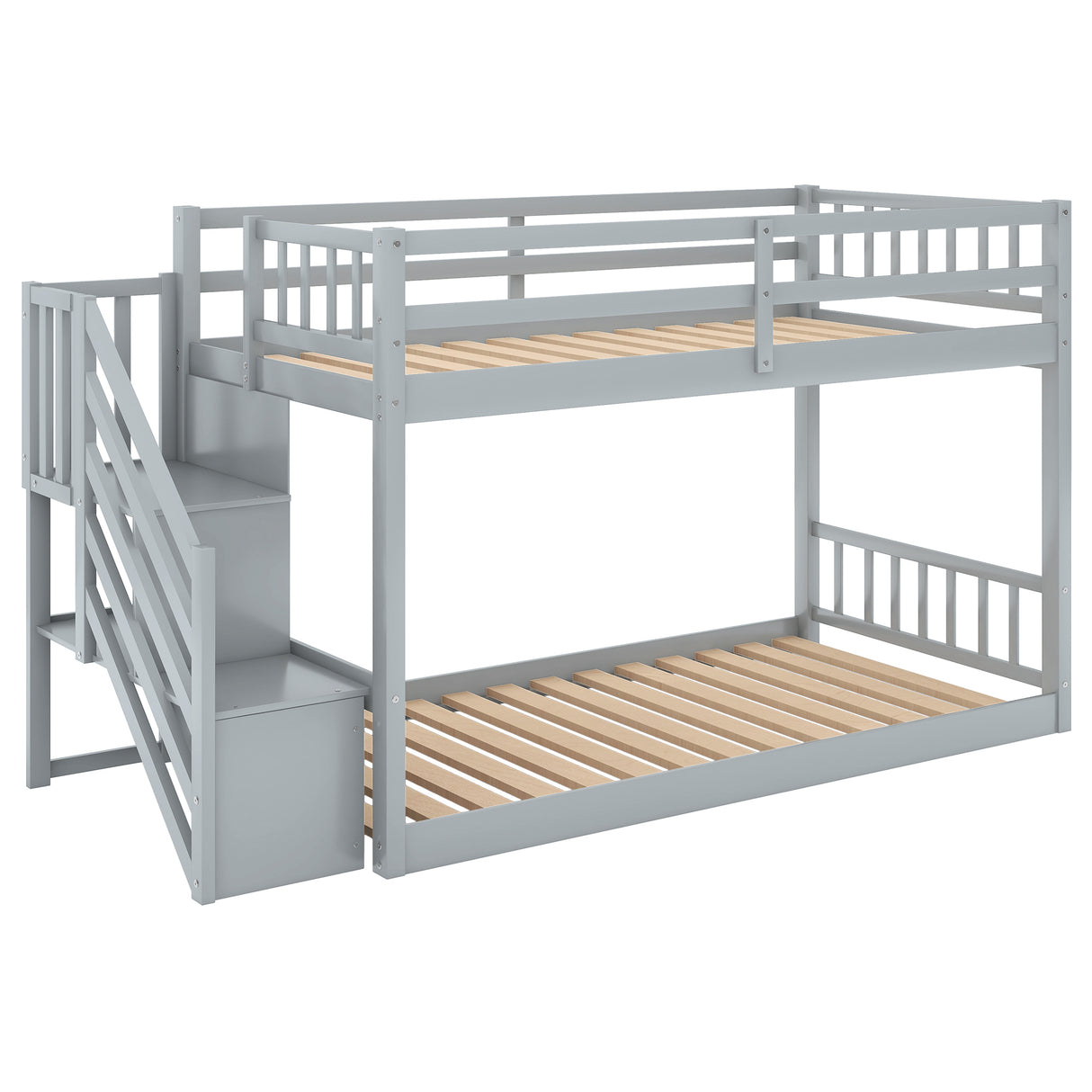 Twin over Twin Floor Bunk Bed, Ladder with Storage, Gray - Home Elegance USA