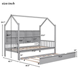 Wooden Twin Size House Bed with Trundle,Kids Bed with Shelf, Gray Home Elegance USA