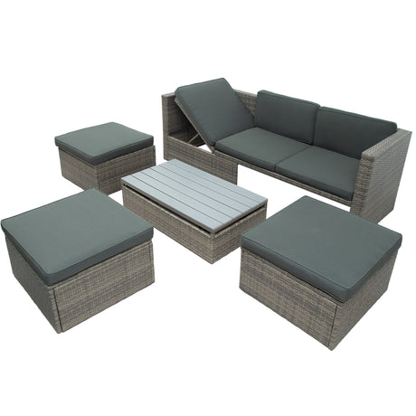 U_STYLE Patio Furniture Sets, 5-Piece Patio Wicker Sofa with Adustable Backrest, Cushions, Ottomans and Lift Top Coffee Table