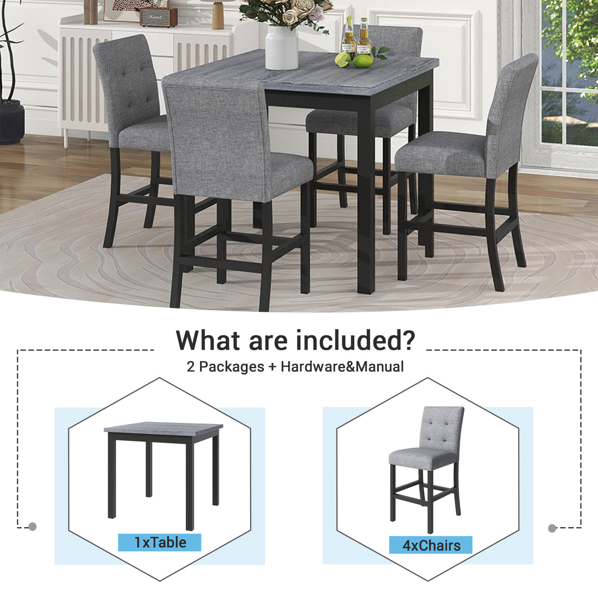 TOPMAX 5-Piece Counter Height Dining Set Wood Square Dining Room Table and Chairs Stools w/Footrest & 4 Upholstered high-back Chairs,Black - Home Elegance USA