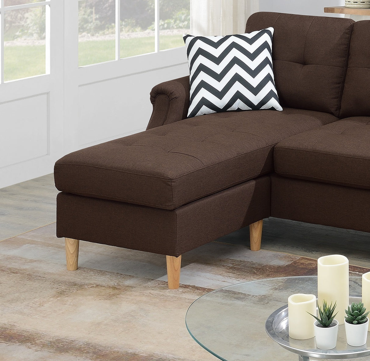 Living Room Corner Sectional Dark Coffee Polyfiber Chaise sofa Reversible Sectional - Home Elegance USA