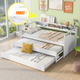 Twin XL Wood Daybed with 2 Trundles, 3 Storage Cubbies, 1 Light for Free and USB Charging Design, White - Home Elegance USA