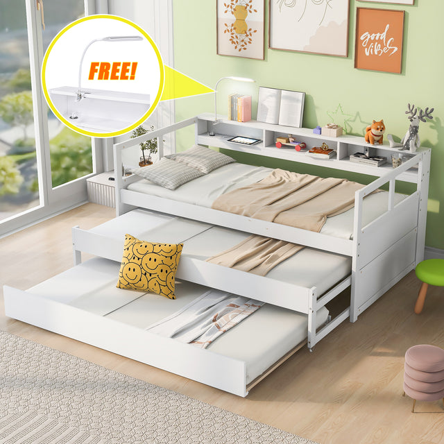 Twin XL Wood Daybed with 2 Trundles, 3 Storage Cubbies, 1 Light for Free and USB Charging Design, White - Home Elegance USA