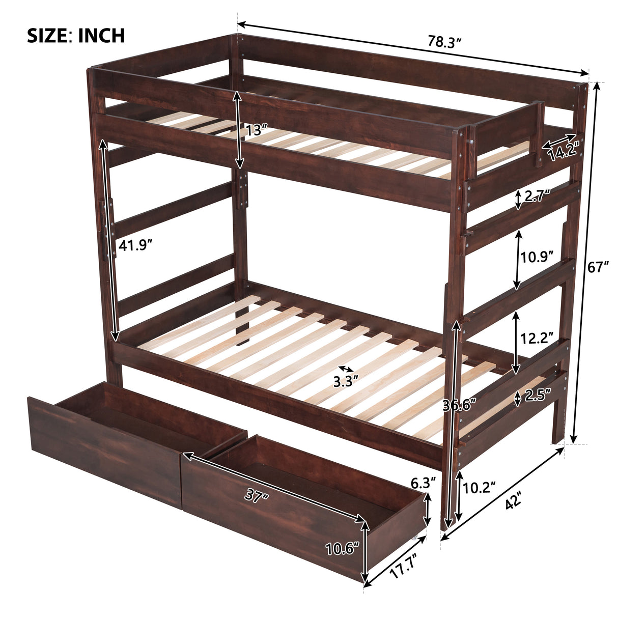 Twin over Twin Wood Bunk Bed with 2 Drawers, Espresso - Home Elegance USA
