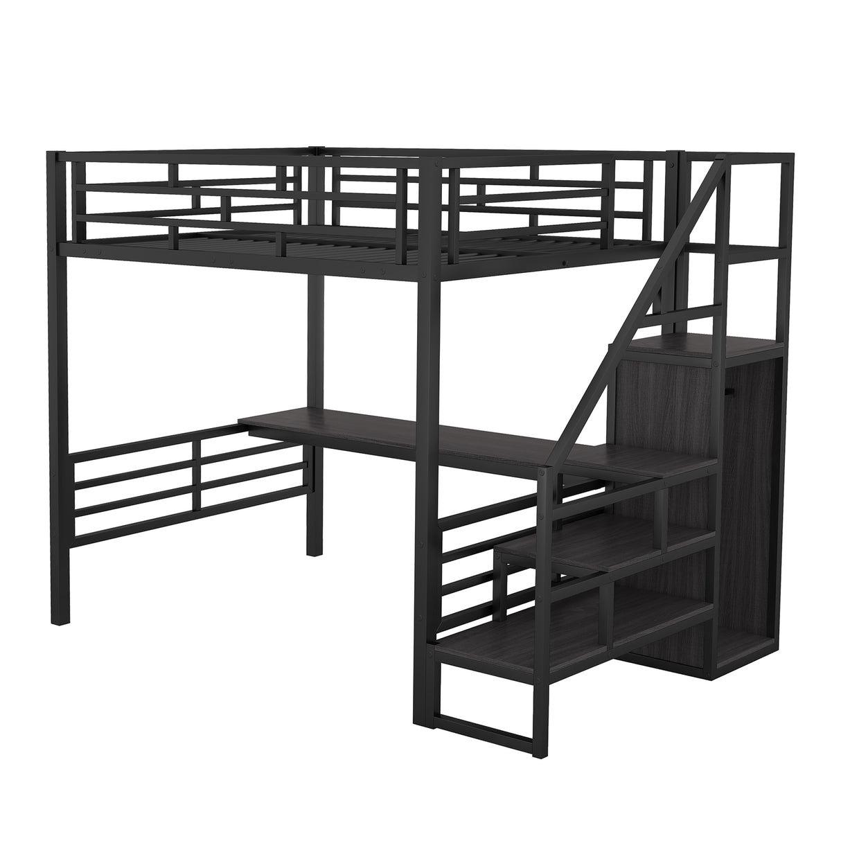 Full Size Metal Loft Bed with Desk, Storage Staircase and Small Wardrobe, Storage stairs can be installed left and right,Black - Home Elegance USA