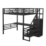 Full Size Metal Loft Bed with Desk, Storage Staircase and Small Wardrobe, Storage stairs can be installed left and right,Black - Home Elegance USA