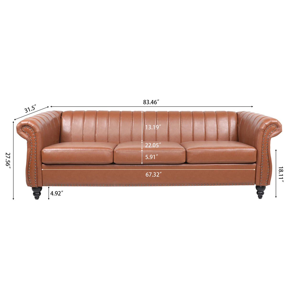 83.46" Brown PU Rolled Arm Chesterfield Three Seater Sofa. | Home Elegance USA