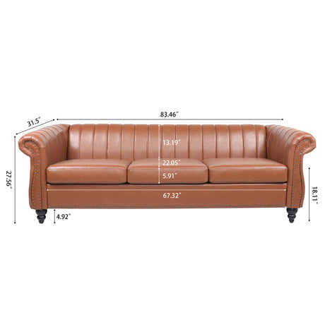 83.46" Brown PU Rolled Arm Chesterfield Three Seater Sofa. - W68033868 - image - 10