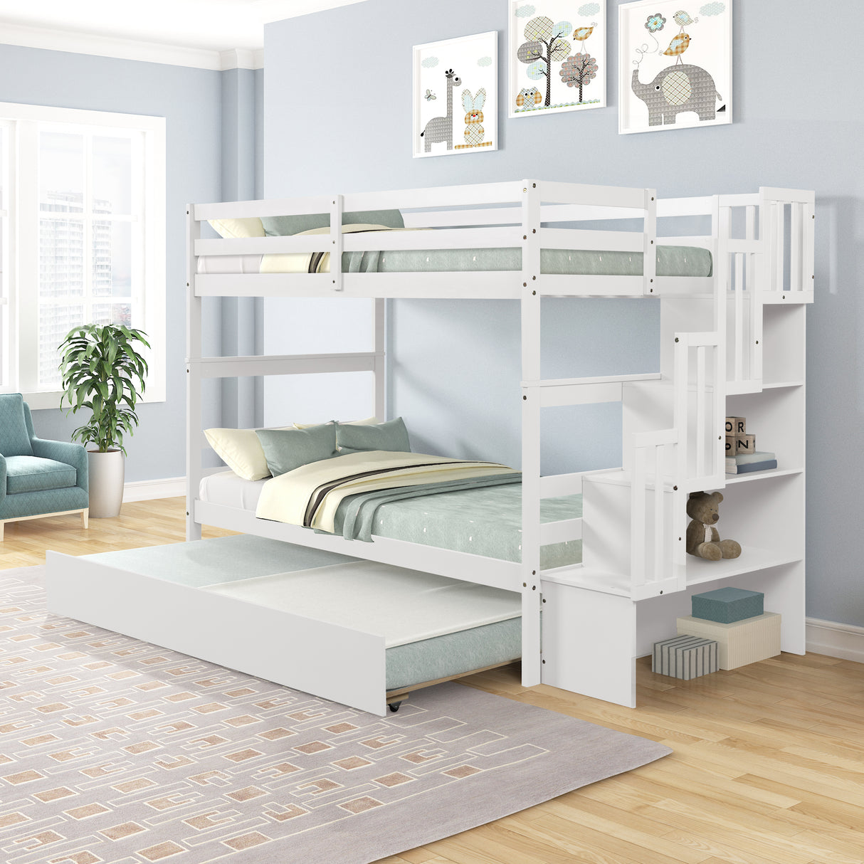 Bunk Beds Twin over Twin Stairway Storage function White color - Home Elegance USA