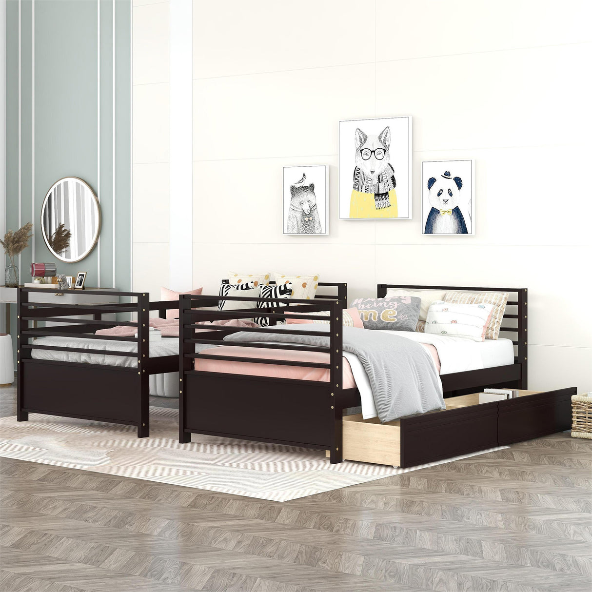 Twin over Twin Wood Bunk Bed with Two Drawers - Espresso· - Home Elegance USA