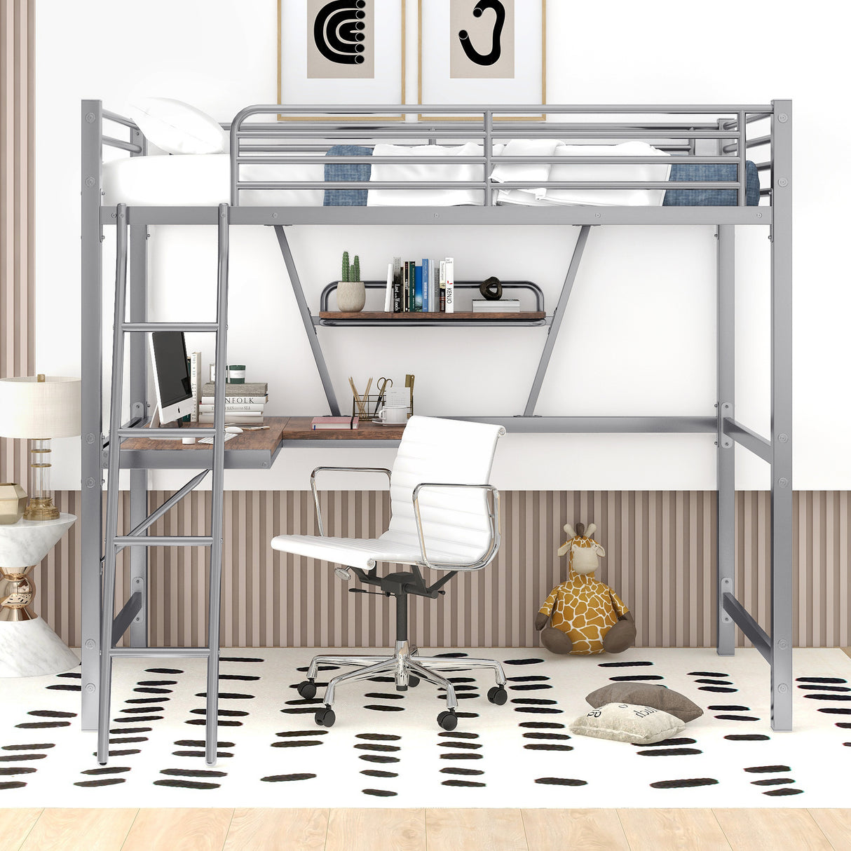 Twin Size Loft Metal&MDF Bed with Desk and Shelf, Silver (Old SKU:SM001105AAN-1) - Home Elegance USA