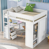 Wood Full Size Loft Bed with Wardrobes and 2-Drawer Desk with Cabinet, White - Home Elegance USA