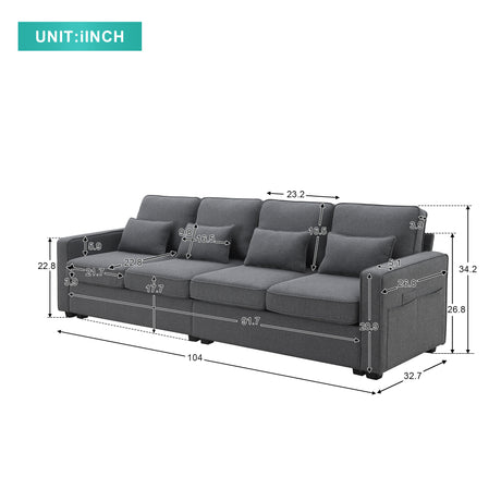 [VIDEO provided] [New] 104" 4-Seater Modern Linen Fabric Sofa with Armrest Pockets and 4 Pillows,Minimalist Style Couch for Living Room, Apartment, Office,3 Colors - Home Elegance USA