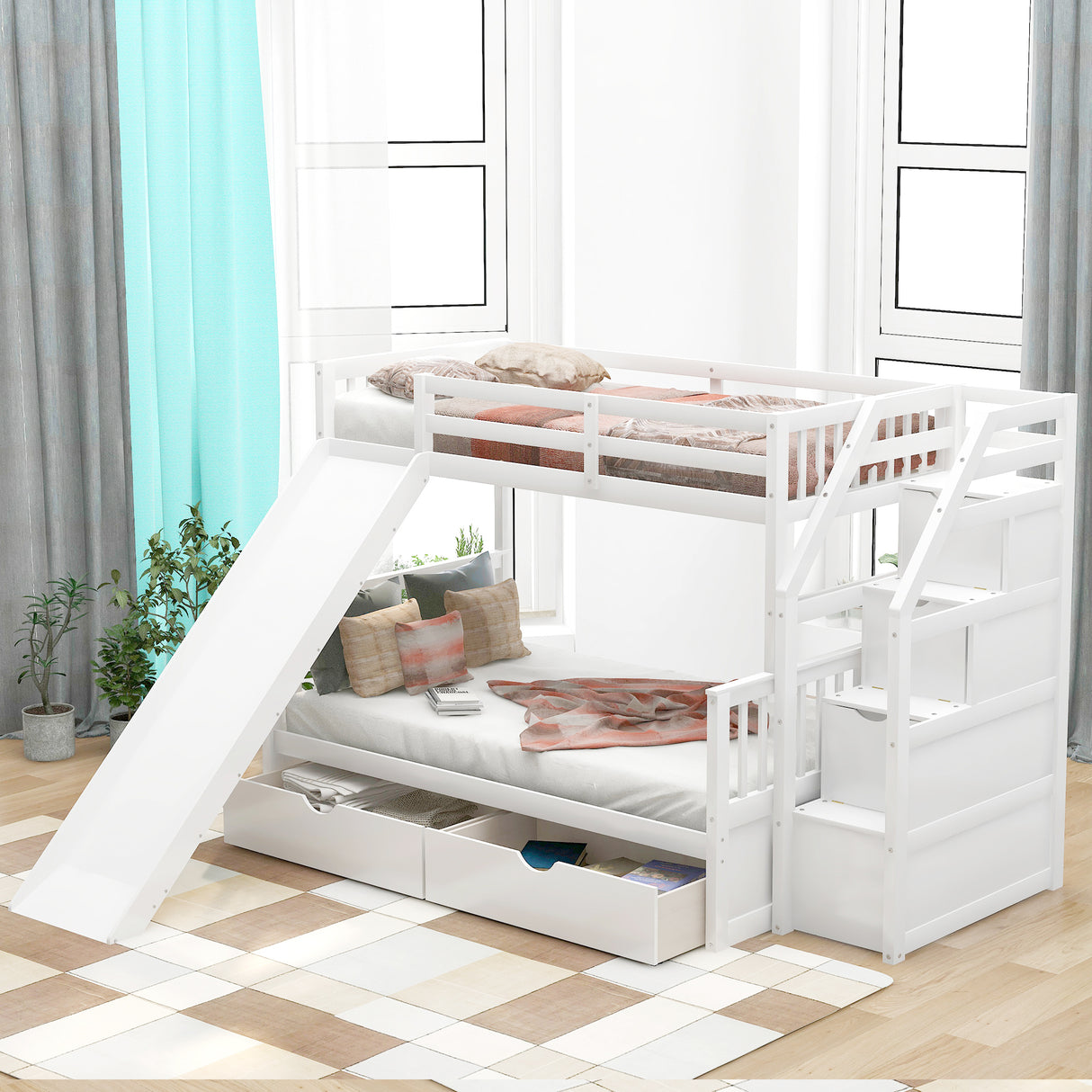 Twin over Full Bunk Bed with Drawers,Storage and Slide, Multifunction, White - Home Elegance USA