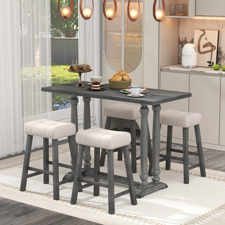 TREXM 5-Piece Dining Table Set, Counter Height Dining Furniture with a Rustic Table and 4 Upholstered Stools for Kitchen, Dining Room (Gray) - Home Elegance USA