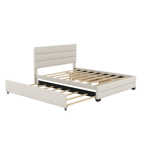 Queen Upholstered Platform Bed with Twin Size Trundle and Two Drawers, Beige - Home Elegance USA