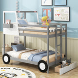 Twin over Twin Car-Shaped Bunk Bed with Wheels, Drawers and Shelves, Gray (Expected Arrival Time:7.30) - Home Elegance USA