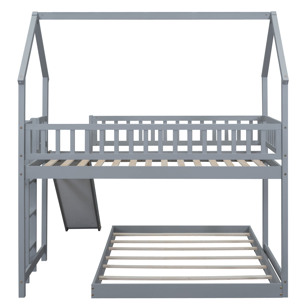 Twin over Full House Bunk Bed with Slide and Built-in Ladder, Full-Length Guardrail, Gray (Expected Arrival Time:8.10) - Home Elegance USA