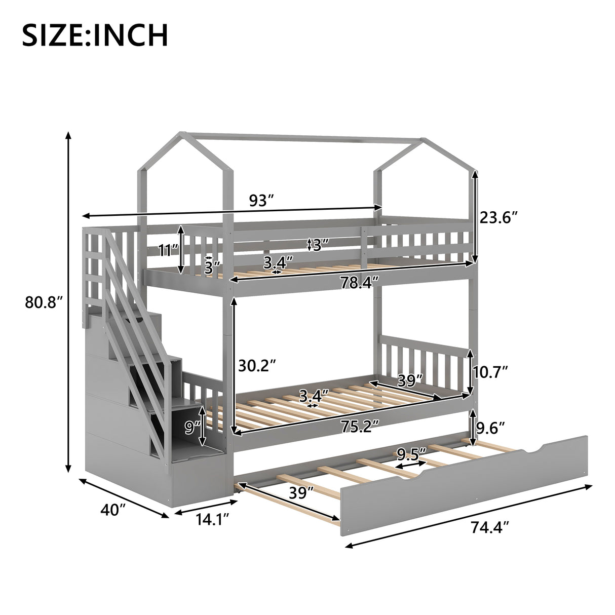 Multifunctional Twin over Twin House Bunk Bed with Staircase and Storage Space,Gray - Home Elegance USA