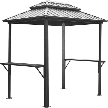 8' × 6' Grill Gazebo | Aluminum BBQ Metal Frame with Shelves & Serving Tables | Permanent Double Roof Hardtop for Patio, Lawn & Backyard – Grey