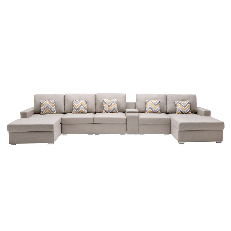 Nolan Beige Linen Fabric 6Pc Double Chaise Sectional Sofa with Interchangeable Legs, a USB, Charging Ports, Cupholders, Storage Console Table and Pillows - Home Elegance USA