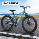 S24109 Elecony 24 Inch Fat Tire Bike Adult/Youth Full Shimano 7 Speeds Mountain Bike, Dual Disc Brake, High-Carbon Steel Frame, Front Suspension, Mountain Trail Bike, Urban Commuter City Bicycle