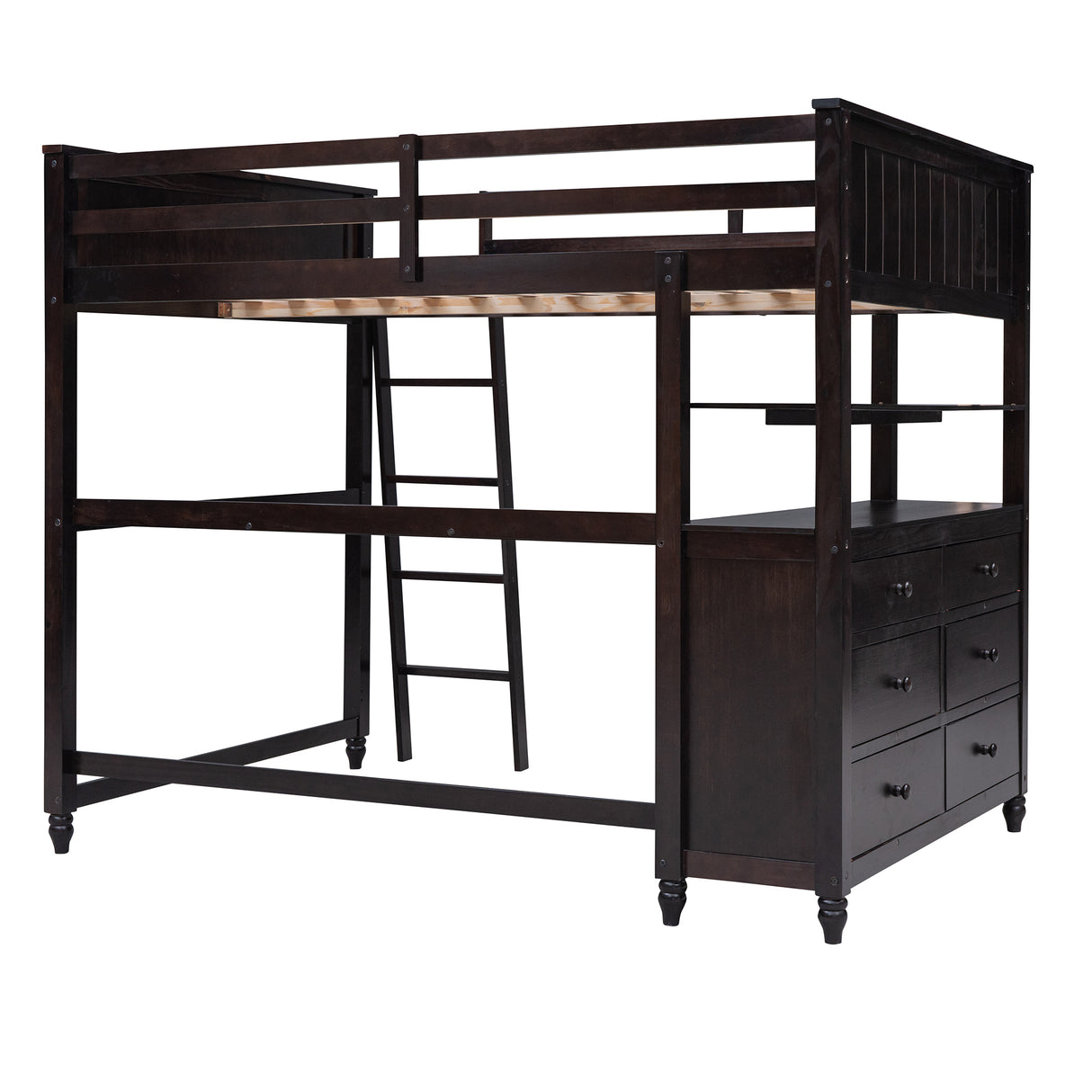 Full size Loft Bed with Drawers and Desk, Wooden Loft Bed with Shelves - Espresso(OLD SKU:LT000529AAP) Home Elegance USA