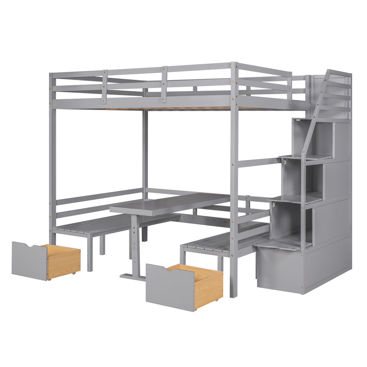 Full over Full Size Bunk Bed with staircase,the Down Bed can be Convertible to Seats and Table Set,Grey - Home Elegance USA