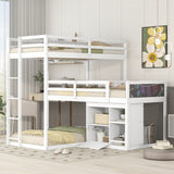 L-shaped Wood Triple Twin Size Bunk Bed with Storage Cabinet and Blackboard, Ladder, White - Home Elegance USA