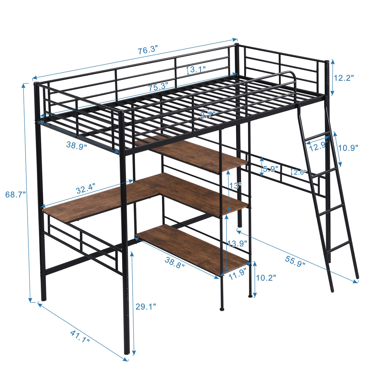 Twin Size Metal Loft Bed and Built-in Desk and Shelves,Black(OLD DKU:WF280270AAB) - Home Elegance USA