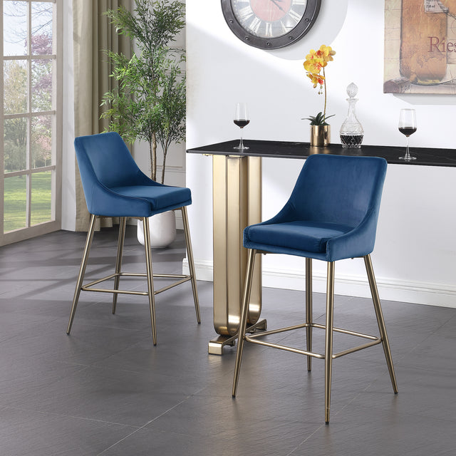 Woker Furniture Contemporary Velvet Upholstered Counter Stool with Brushed Gold Metal Legs and Foot Rest, Set of 2, Blue - Home Elegance USA
