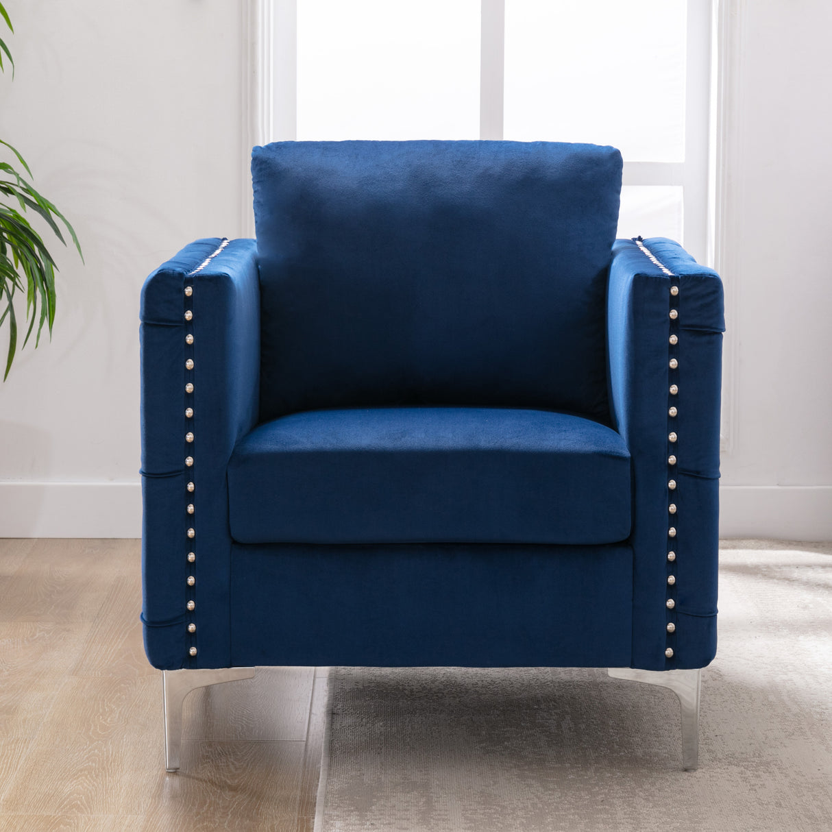 Modern Velvet Armchair Tufted Button Accent Chair Club Chair with Steel Legs for Living Room Bedroom，Navy - Home Elegance USA