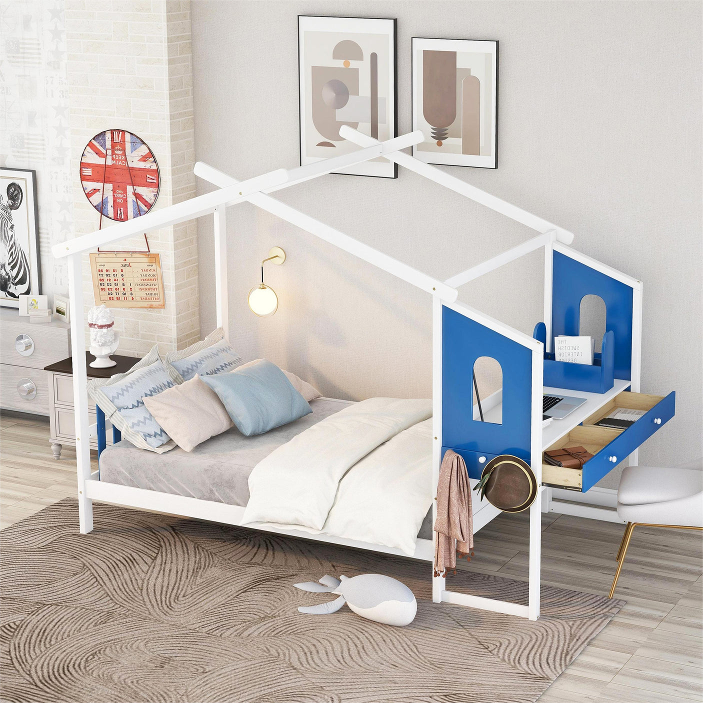 Full Size Platform Bed with Built-in Desk and Two Drawers,Separate Storage Pen Case,White+Blue - Home Elegance USA