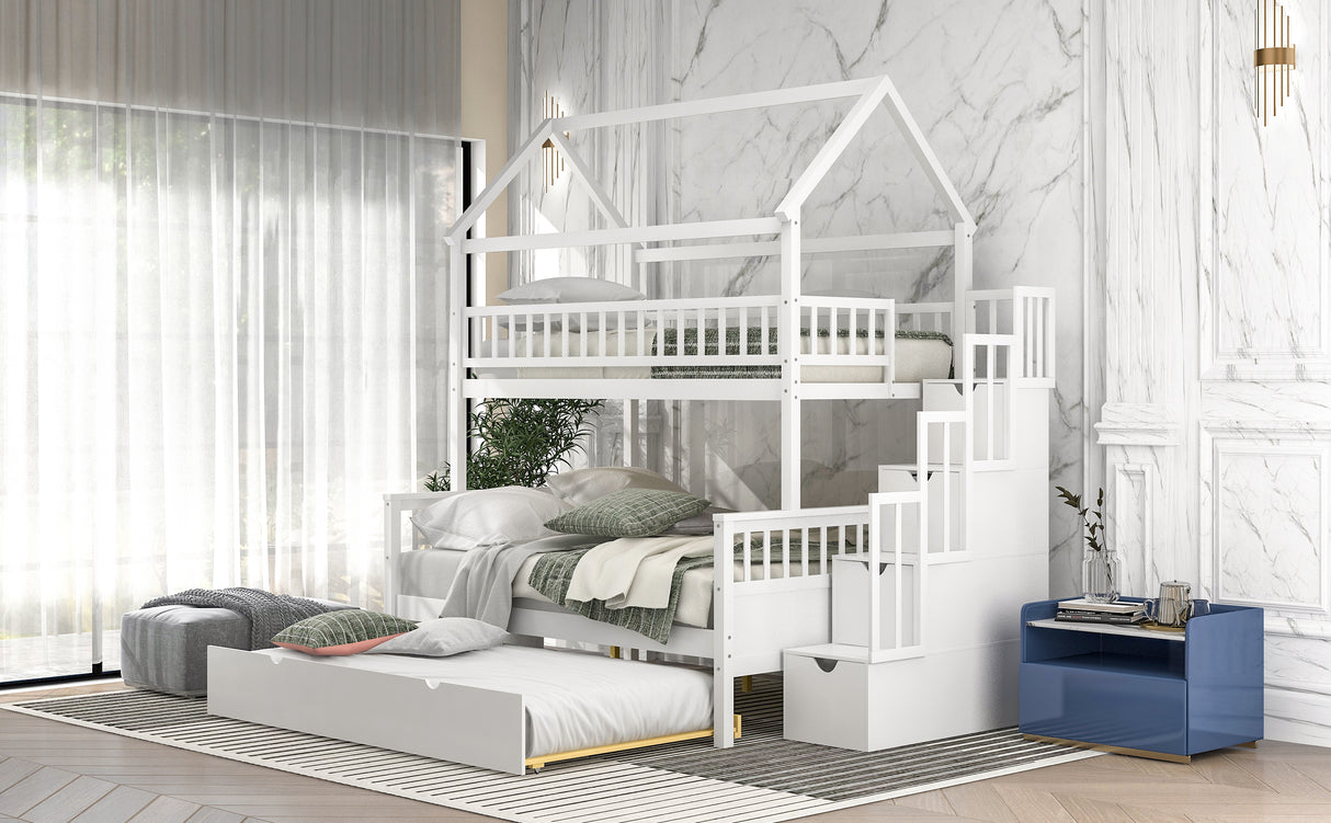 Twin over Full Size House Bunk Bed with Storage Staircase and Trundle,Full-Length Guardrail,White - Home Elegance USA