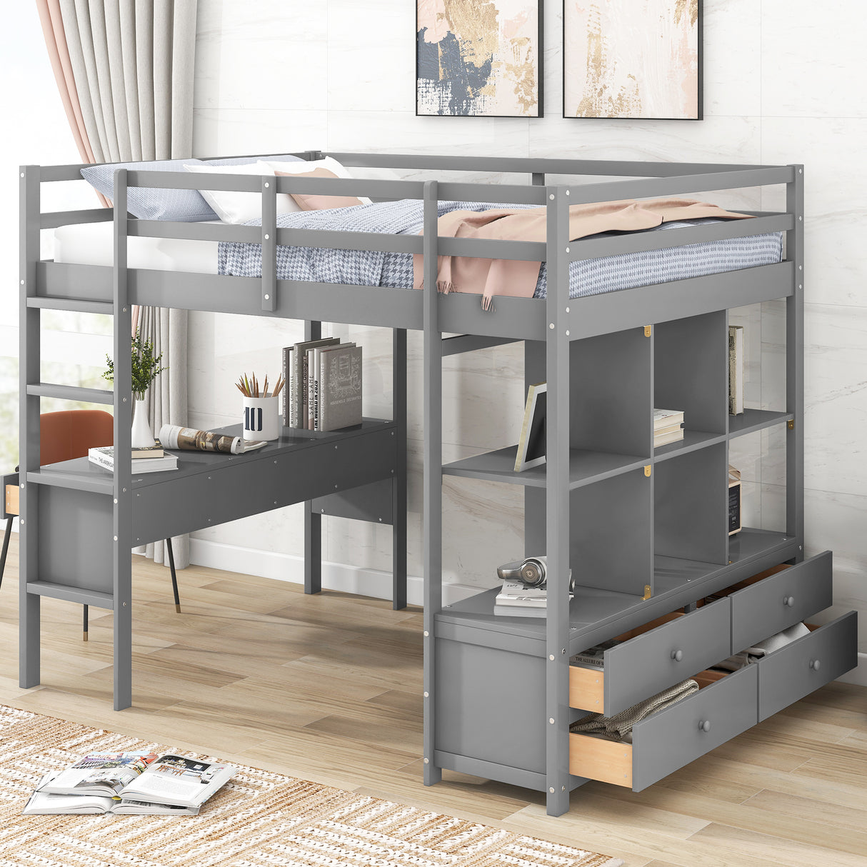 Full Size Loft Bed with Built-in Desk with Two Drawers, and Storage Shelves and Drawers,Gray - Home Elegance USA