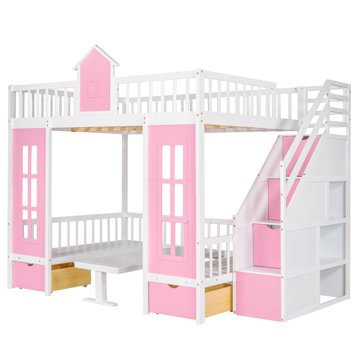Full-Over-Full Bunk Bed with Changeable Table , Bunk Bed Turn into Upper Bed and Down Desk - Pink - Home Elegance USA